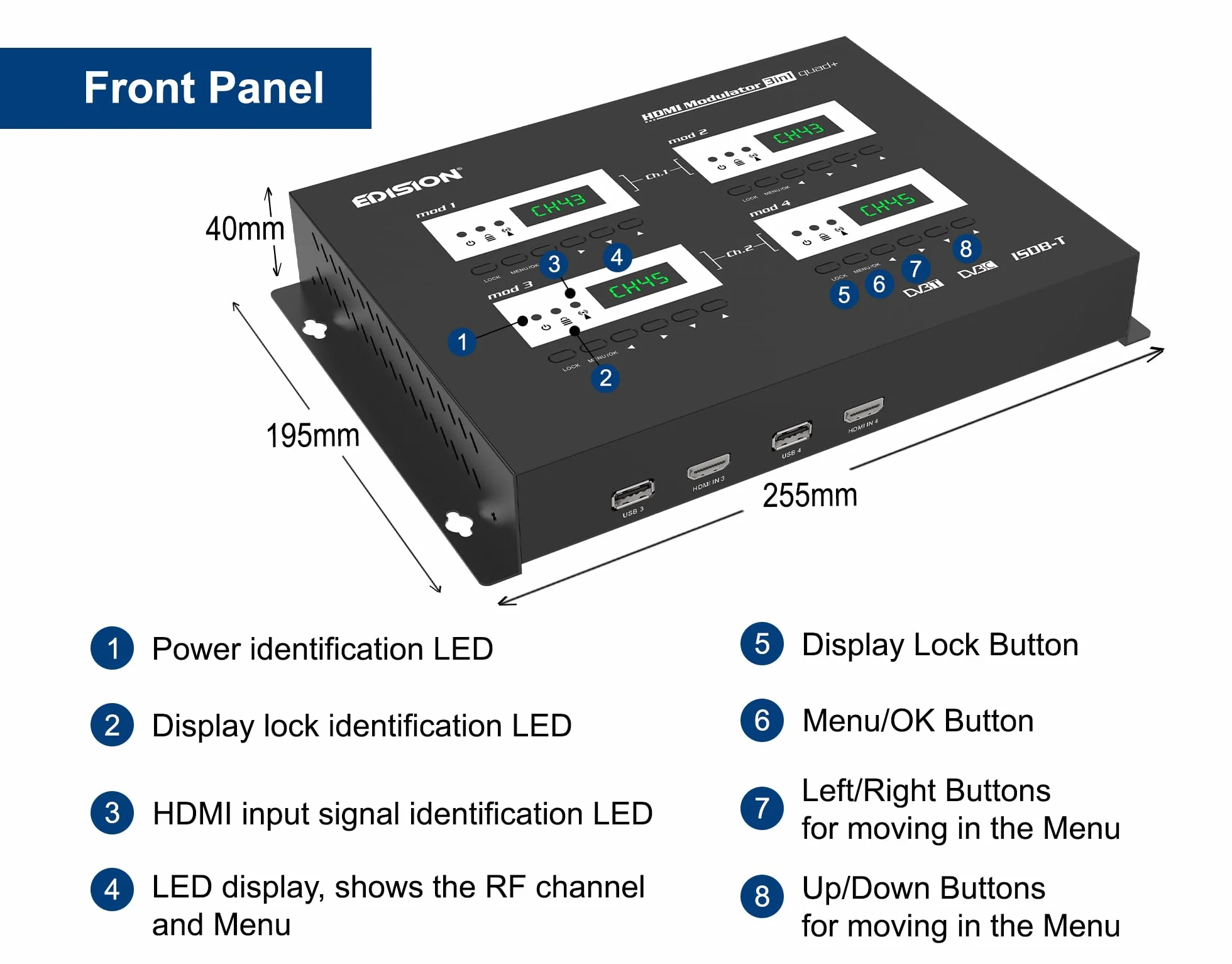 EDISION HDMI Modulator 3in1 Quad+, RF Modulador 4X HDMI a terrestre DVB-T, ISDB-T o Cable DVB-C, 3 SEÑALES de modulación SELECCIONABLES, Distribución Full HD sobre Cable Coaxial, Plug and Play