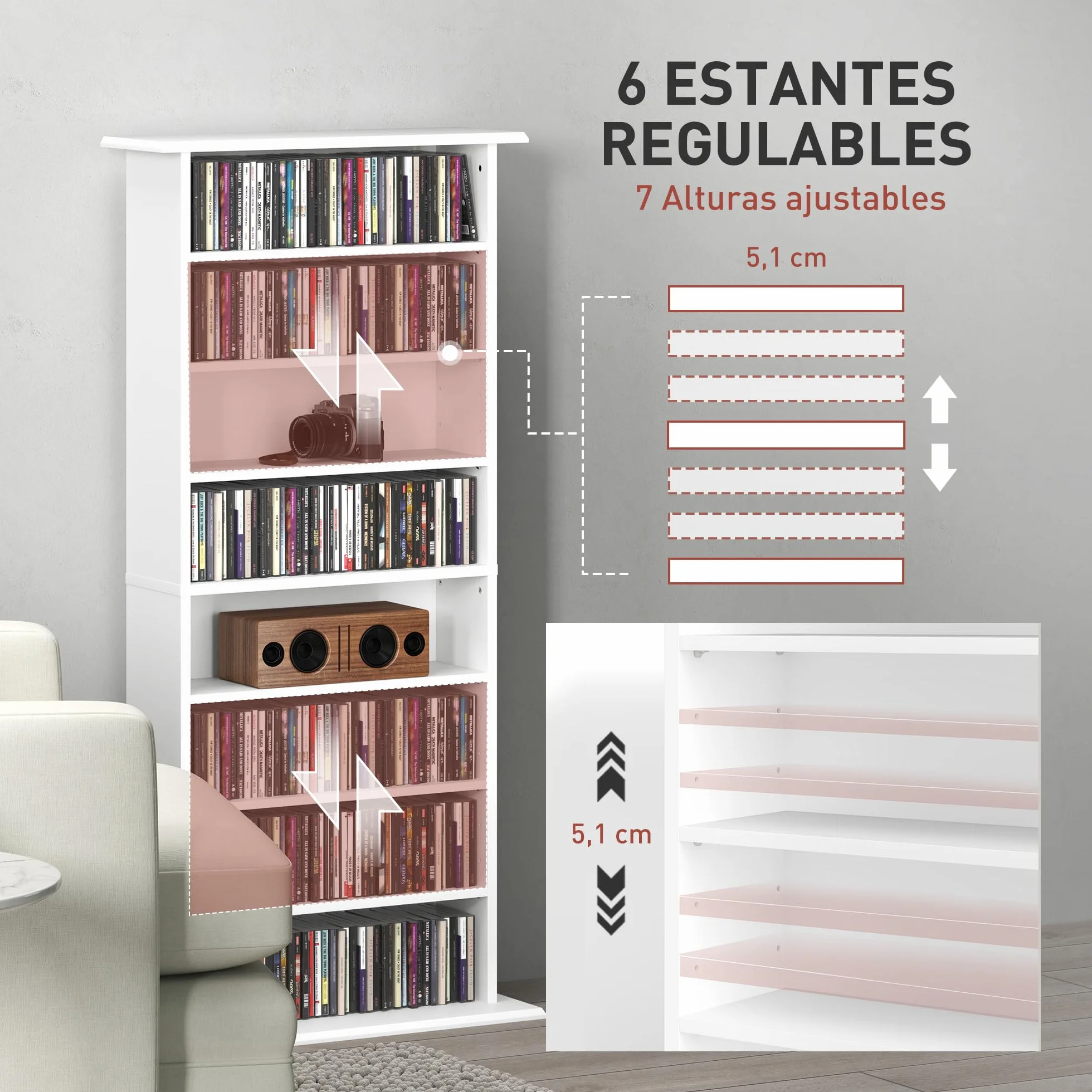 HOMCOM Estantería para CDs y DVDs Soportes para CD Estrechos con 8 Compartimentos Estantes Ajustables para Salón Oficina 58x24x126,3 cm Blanco