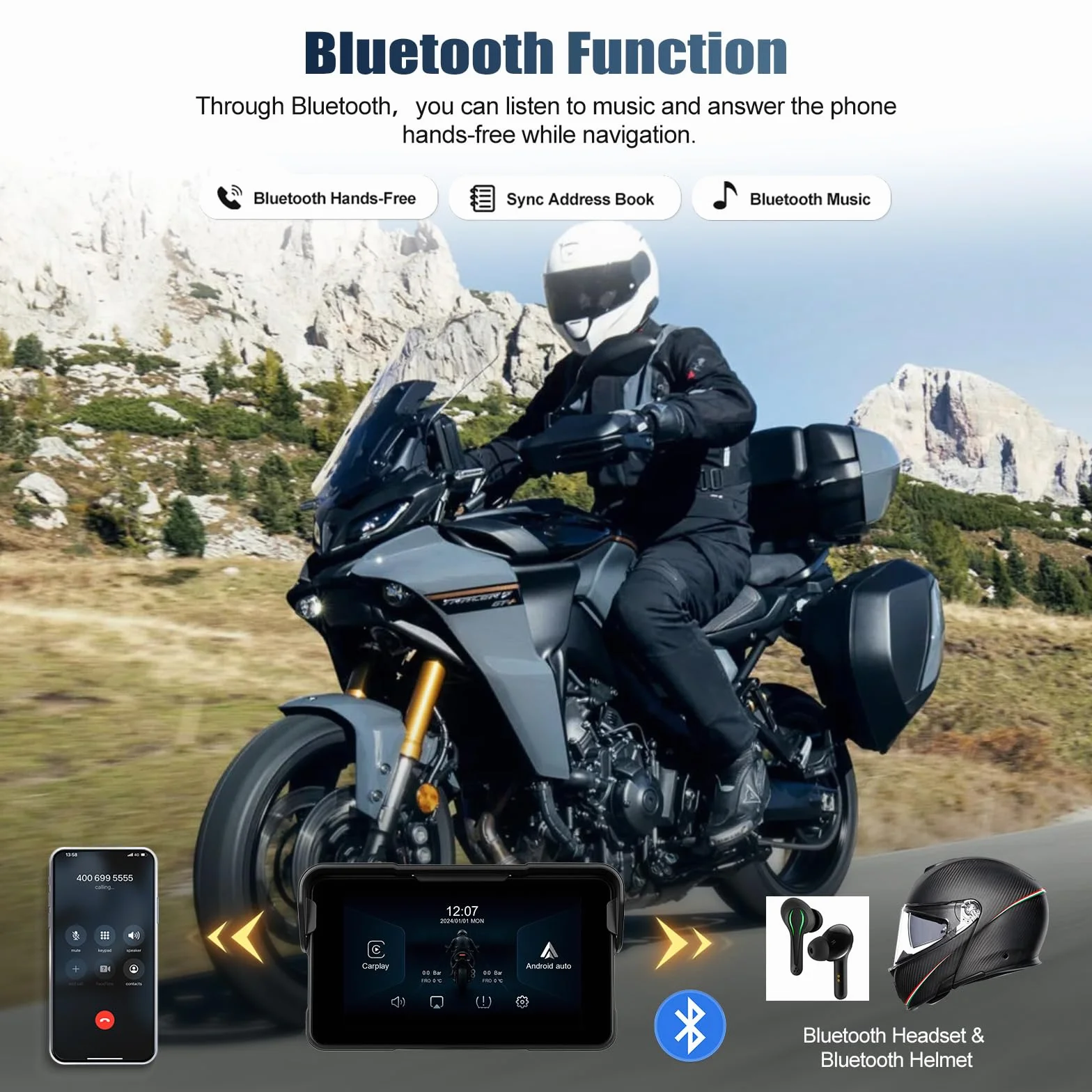 CAMECHO Nuevo 2026 Moto Carplay y Android Auto Wireless para Motocicletas, Pantalla táctil HD Impermeable IP68 de 5 Pulgadas para Motocicletas con navegación/Bluetooth/EQ/detección de presión