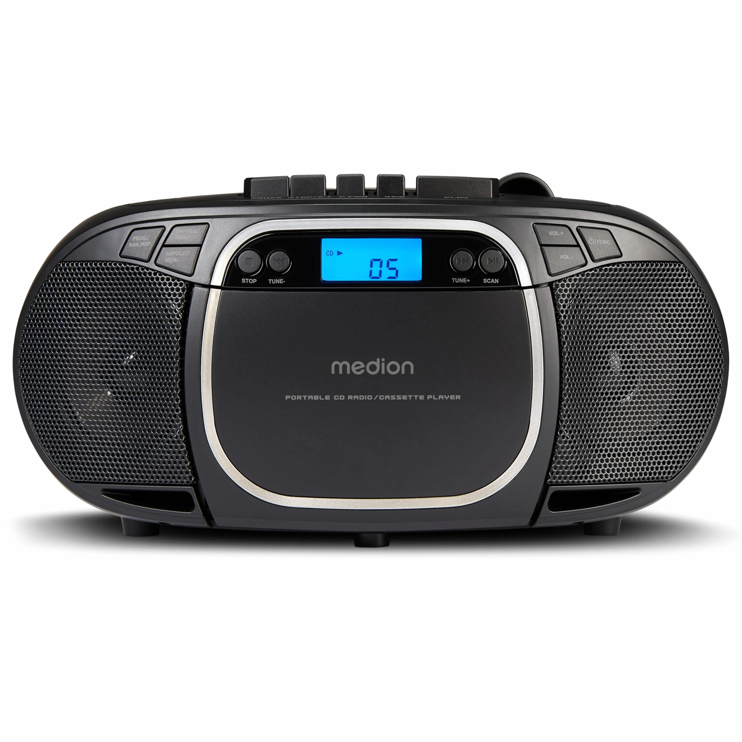 MEDION E66476 Sistema de Sonido estéreo Boombox, Reproductor de CD MP3 Casete, Radio FM, AUX, Negro
