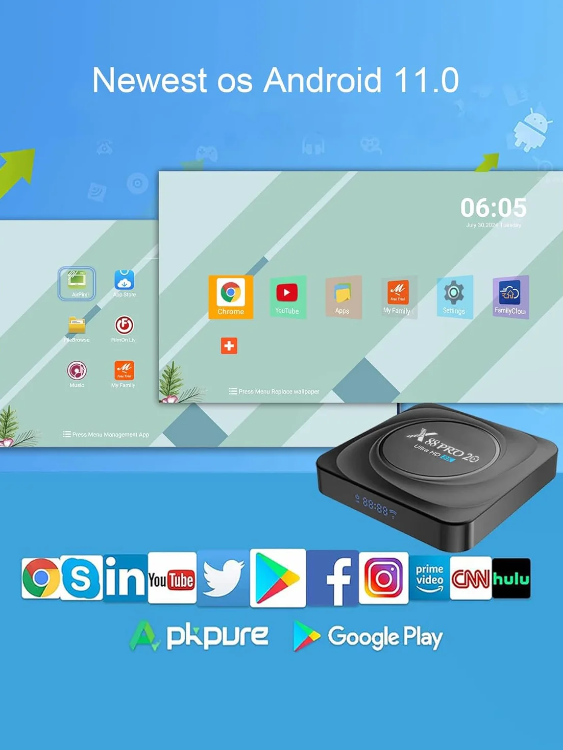 GREVA Android TV Box 8K, Smart TV Box Android 11.0 RK3566 CPU 8GB RAM 128GB ROM, Streaming Media Player Dual-Band 2.4/5.8Ghz 100/1000M Ethernet Soporte HDR 3D BT 5.0 USB3.0 Android Box X88 PRO20