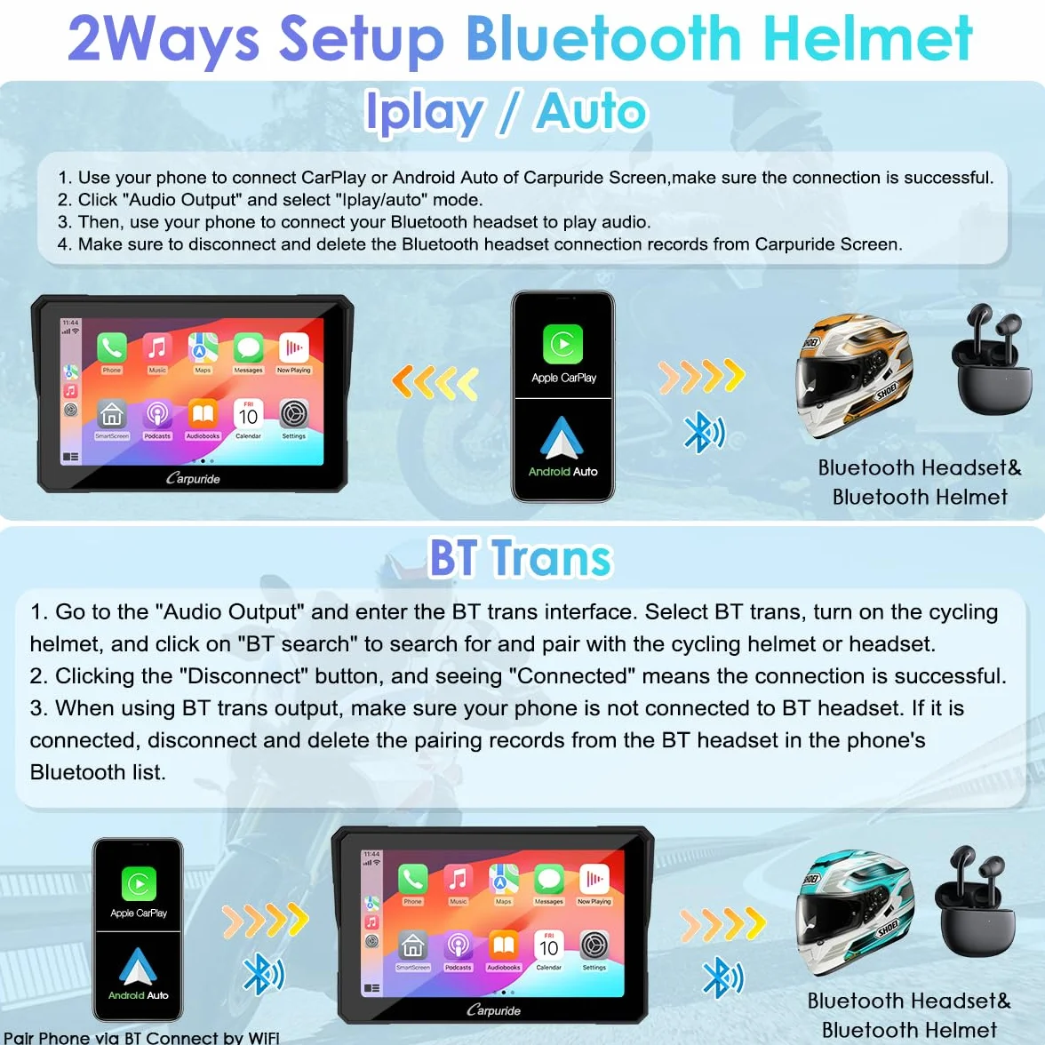 Carpuride W702 Pantalla GPS Carplay 7 Pulgadas Motocicleta CarPlay Inalámbrico Android Auto Pantalla Táctil Impermeable Bluetooth Navegación