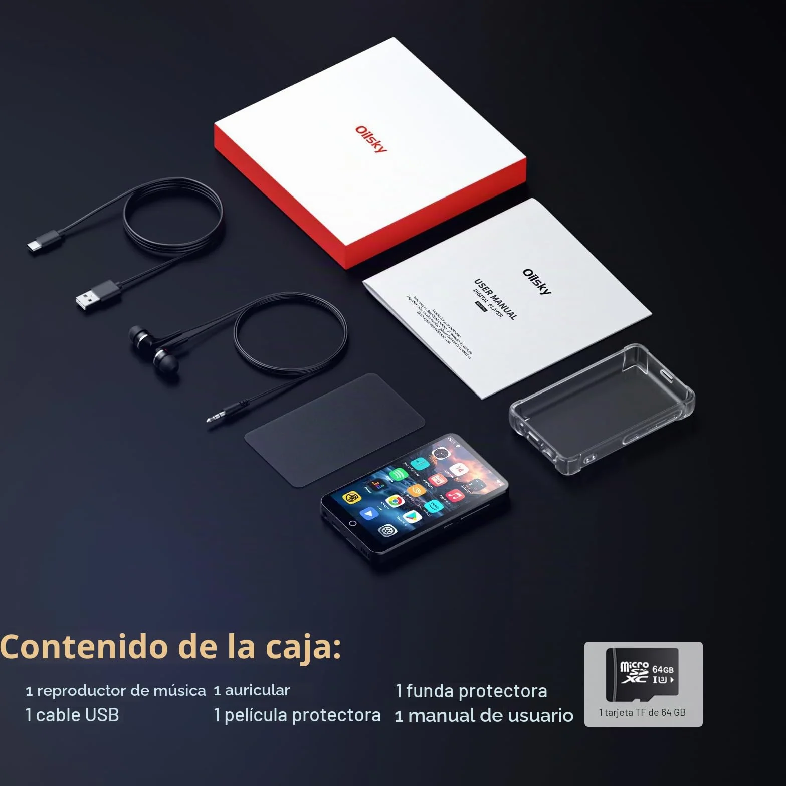 Oilsky 80GB 4" 1080P Pantalla táctil Android 9.0 Reproductor MP3 MP4 Bluetooth WiFi Portátil Música Spotify Audible Negro