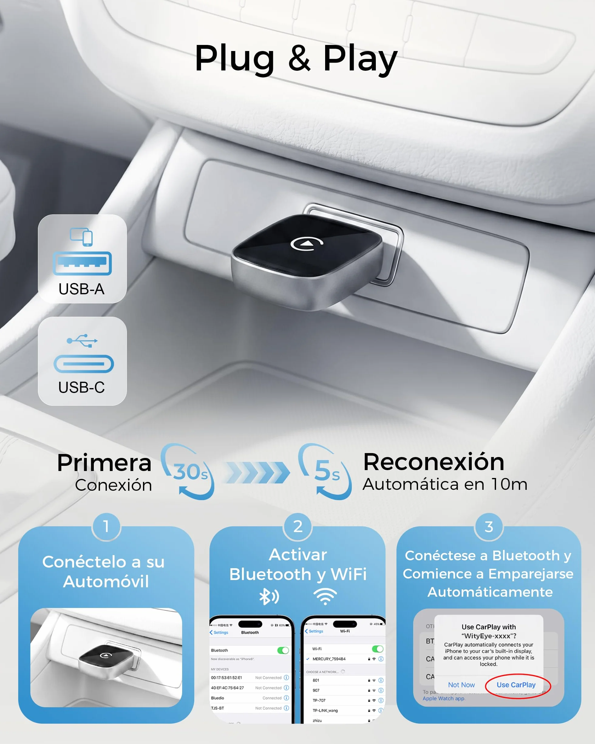 Adaptador CarPlay Inalámbrico Bluetooth V5.3 Doble Núcleo WLAN 5.8 GHz para Apple iPhone iOS 10+