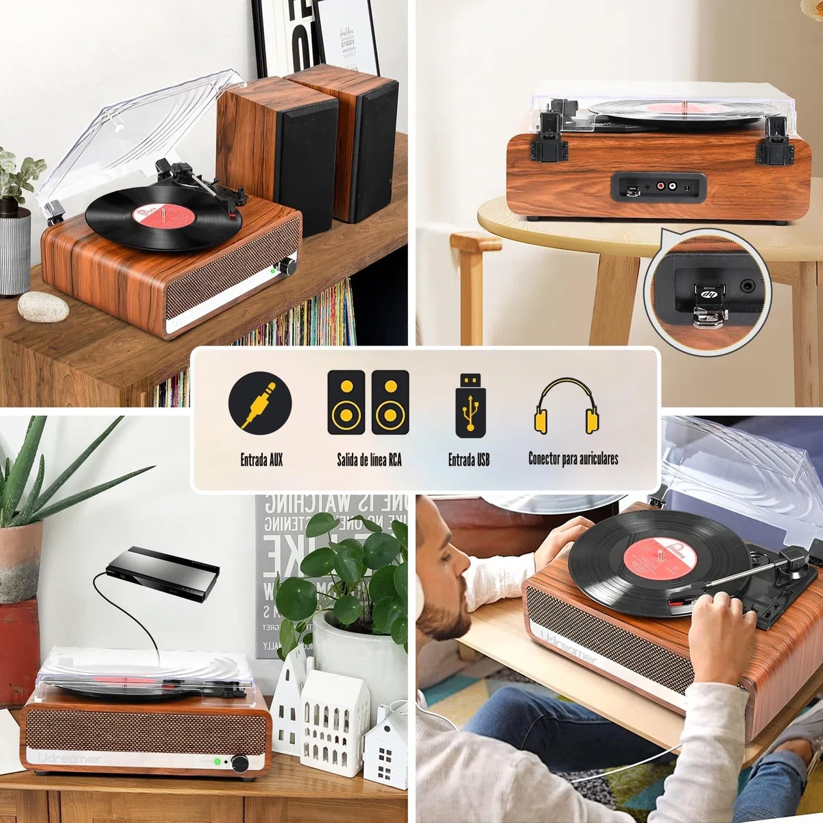 Udreamer Tocadiscos Bluetooth Tocadiscos de Vinilo Soporte USB AUX-in Auriculares RCA Line-out 3 Speed Diseño de Espejo Naranja Amarillo