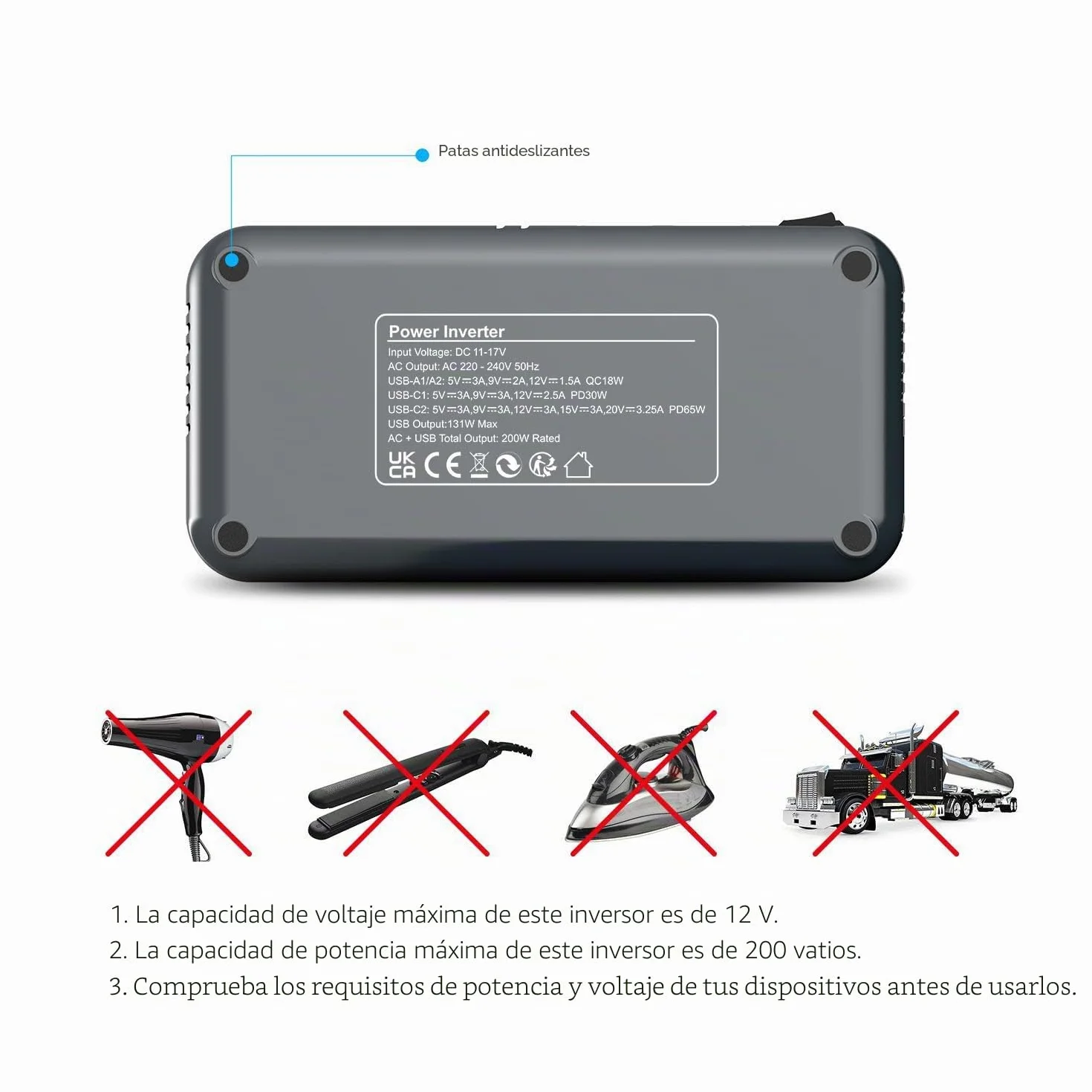 BESTEK - Convertidor de 12 V, 220 V, 230 V, 200 W, Transformador de tensión, 4 Puertos USB y 2 enchufes UE, Cargador de Coche para Camping con múltiples Protecciones y Soft Start