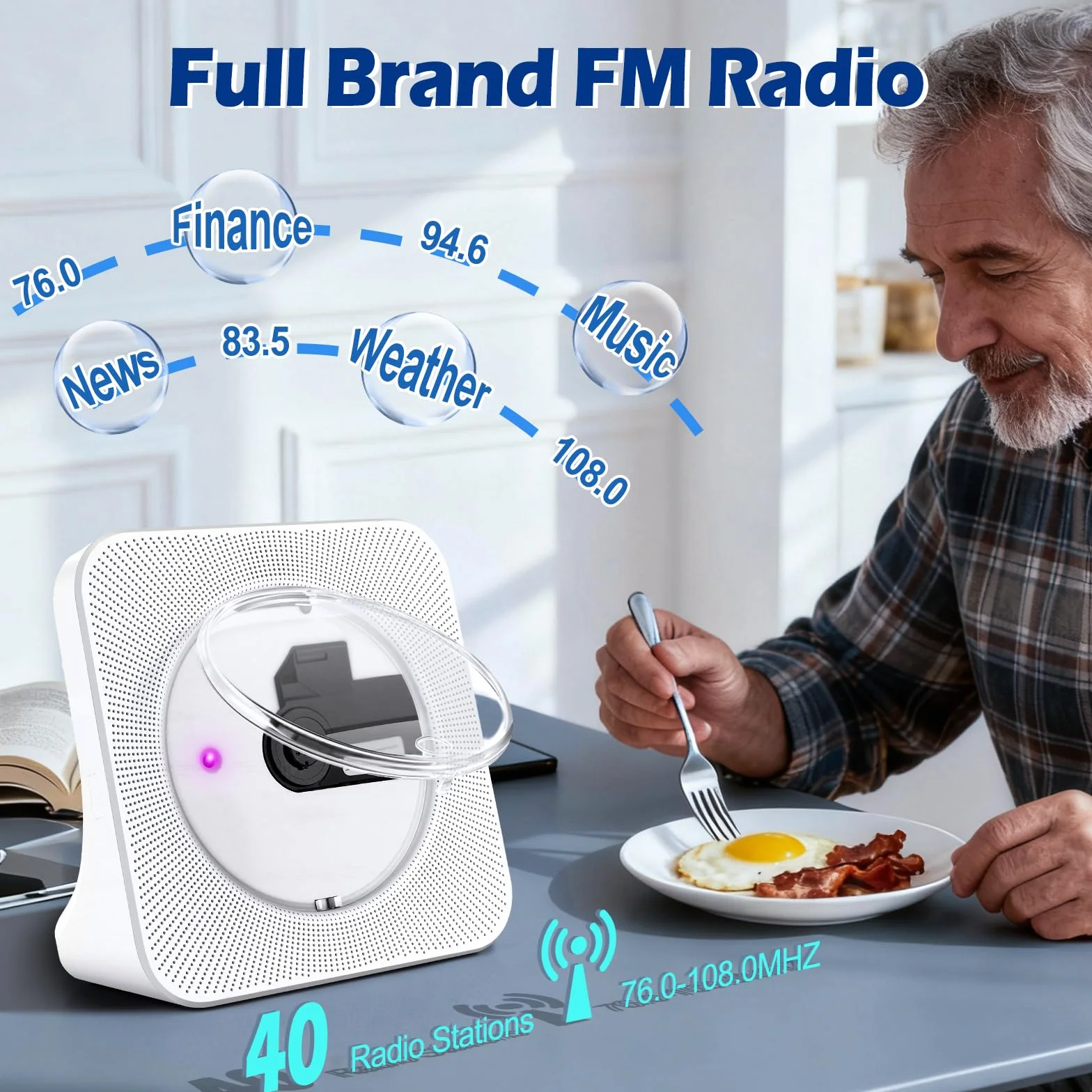 Reproductor CD Bluetooth con diseño de Escritorio, Reproductor de CD portátil con Doble Altavoces y Temporizador, Admite Entrada AUX/USB, Radio FM, Toma de Auriculares, Transmisión Bluetooth