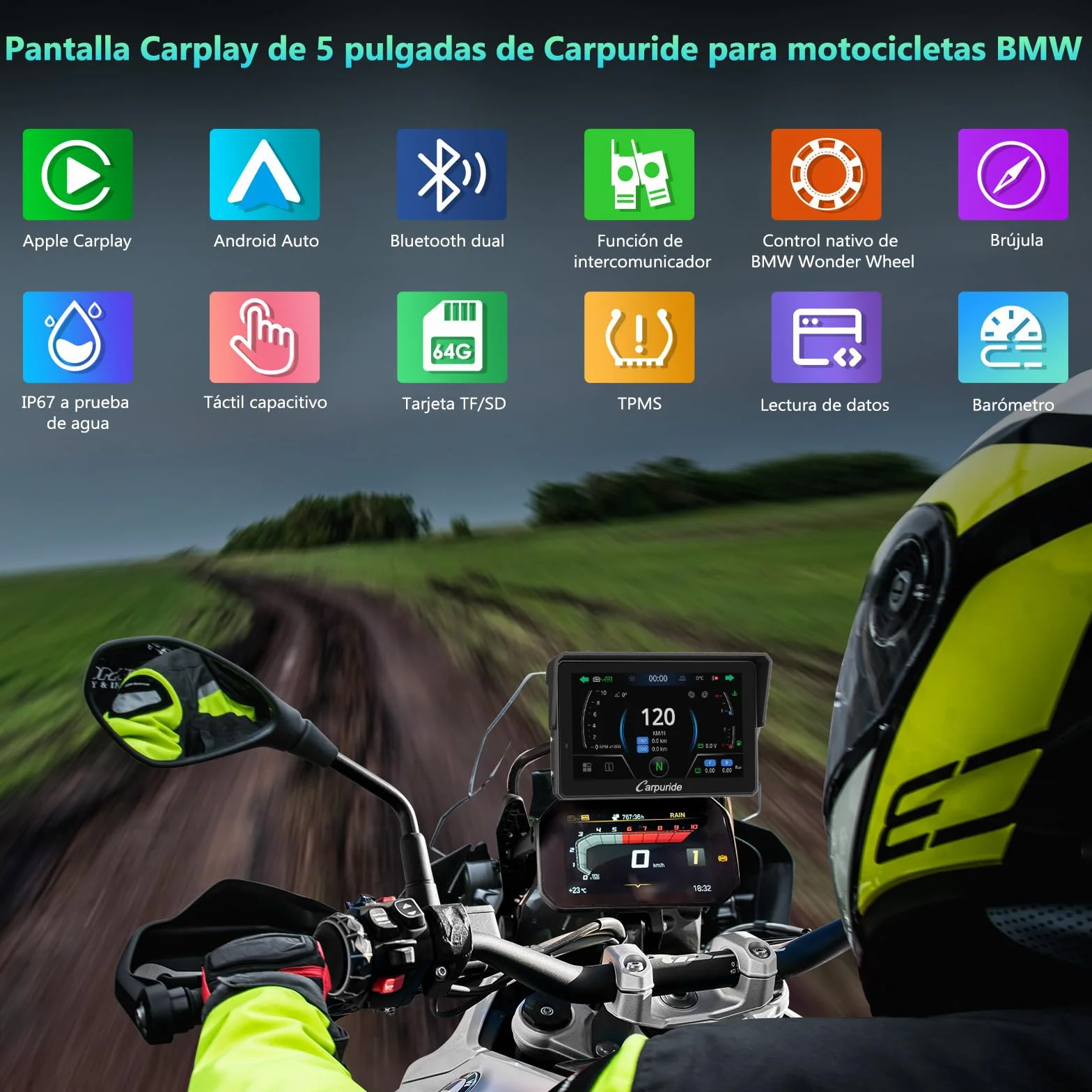 CARPURIDE W502BS Pro CarPlay Android Auto para Motocicletas, Pantalla GPS 5 Pulgadas Impermeable Bluetooth Dual