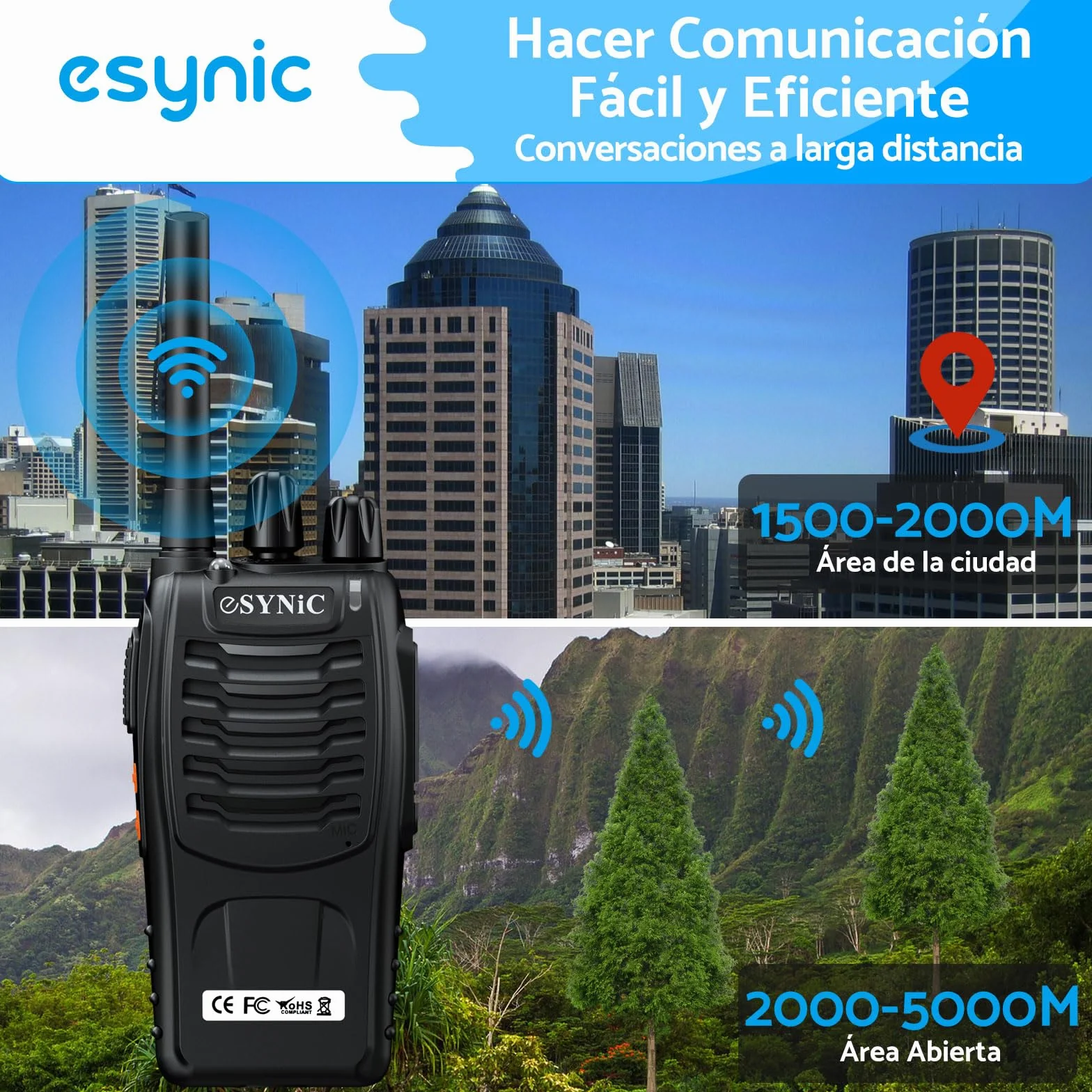 eSynic 4PCS Walkie Talkies de Larga Distancia con Auriculares Walkie-Talkie Profesional 16 Canales 1500mAh con Cargador USB Soporta VOX para Sobrevivir en el Campo Ciclisimo