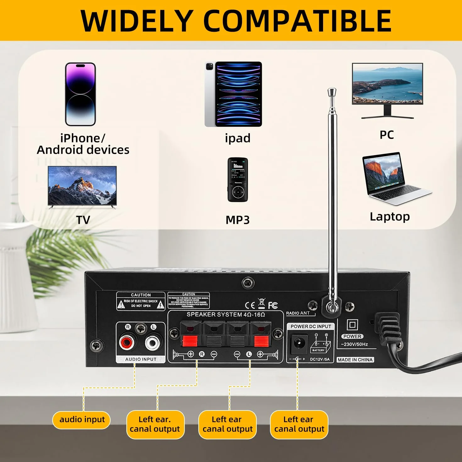 Mini Bluetooth Amplificador Audio, 600W HiFi de 2.0 Canales Audio Stereo Music Reproductor, SD Card/USB Input/FM Radio, para PC, TV, Amplificador Coche, casa Altavoz, subwoofer BT 12v 220V (600W)